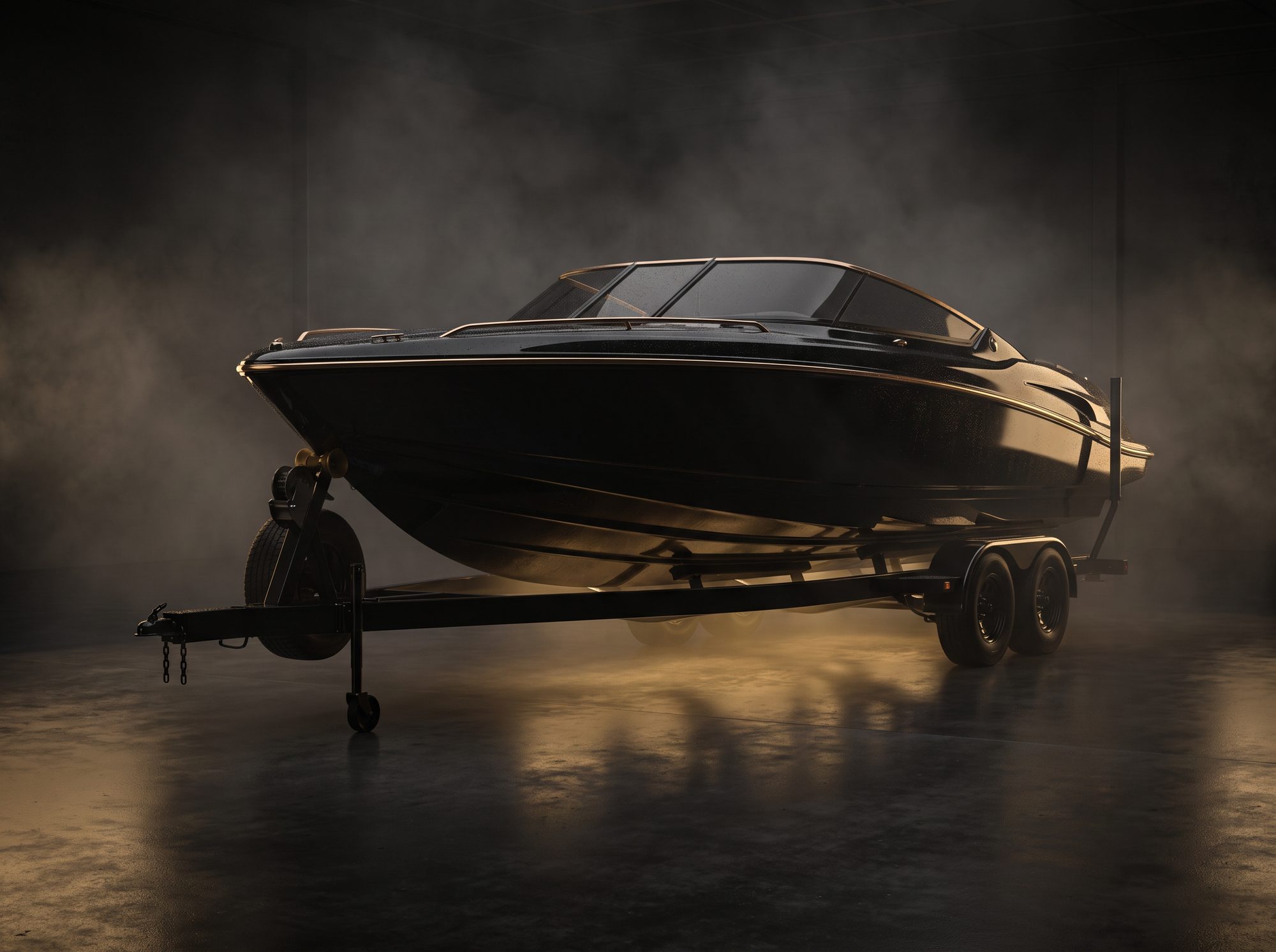A black performance boat with a mirror-gloss gel coat under gold studio lighting